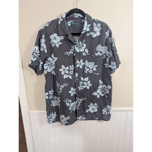 Milano Bay Mens Large Hibiscus Floral Hawaiian Camp Shirt Gray Blue Short Sleeve